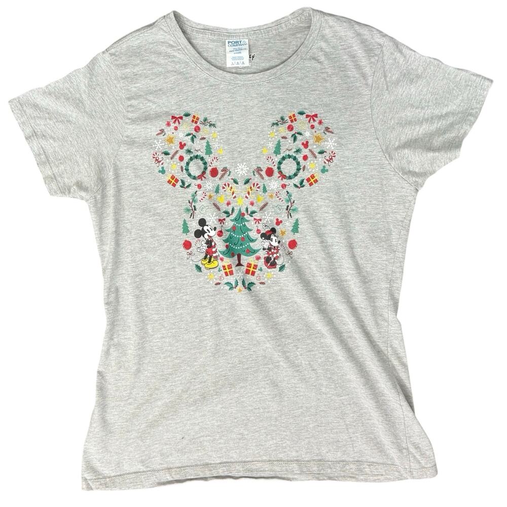 Disney Mickey Mouse Ears Friends Gray Christmas Holiday Tee Shirt Women's size L - Picture 2 of 12